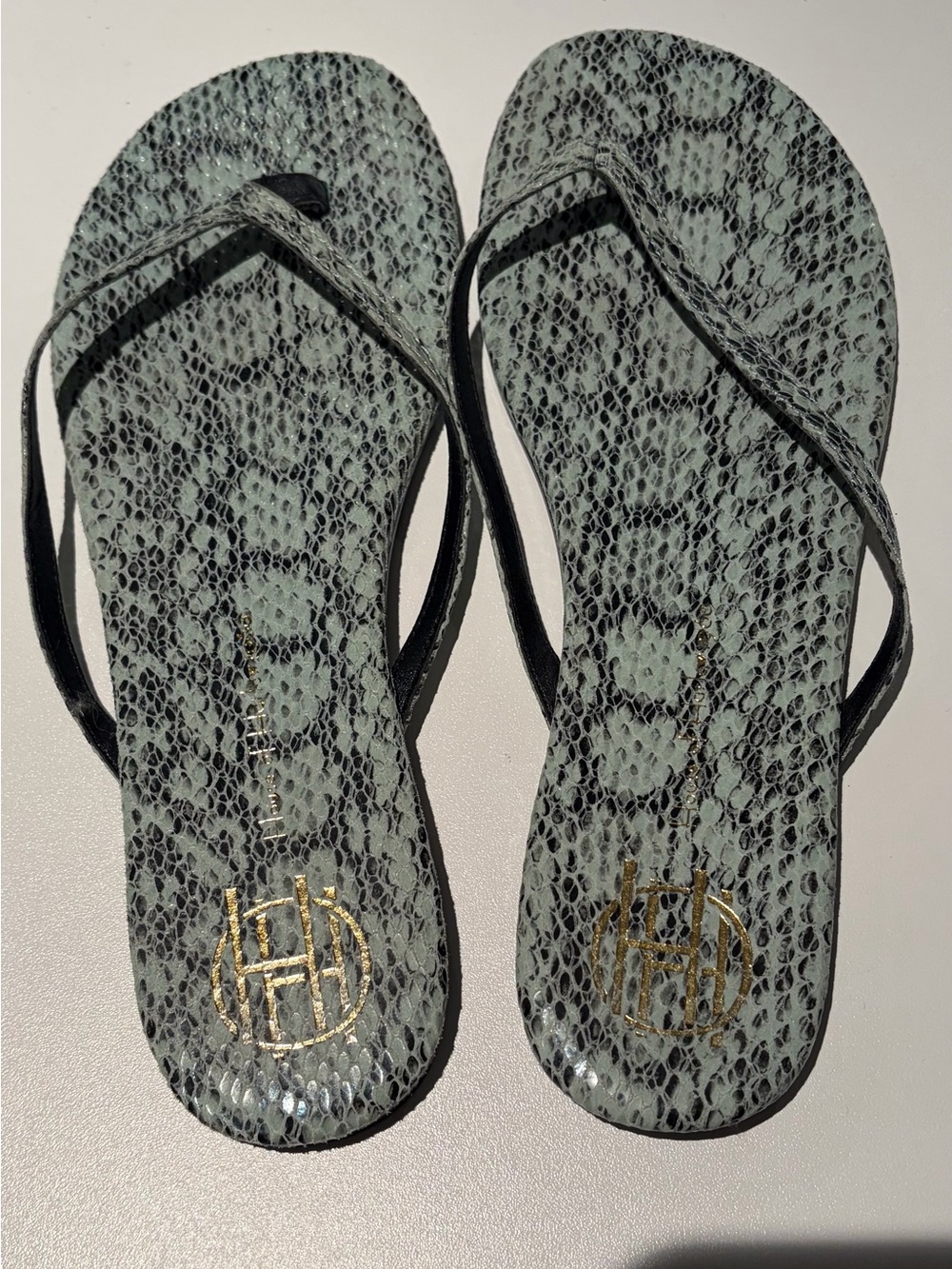 House of Harlow 1960 Mint Green Snake-Print Flip Flop Sandals with Gold Logo